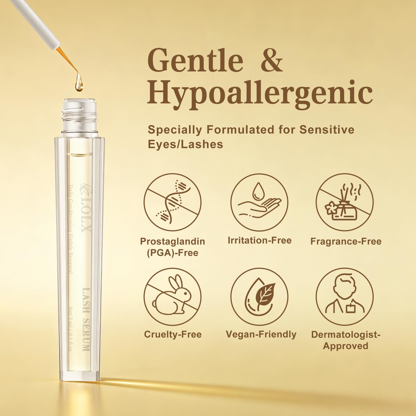 LOLX eyelash closeup shows serum applied for root-to-tip care.