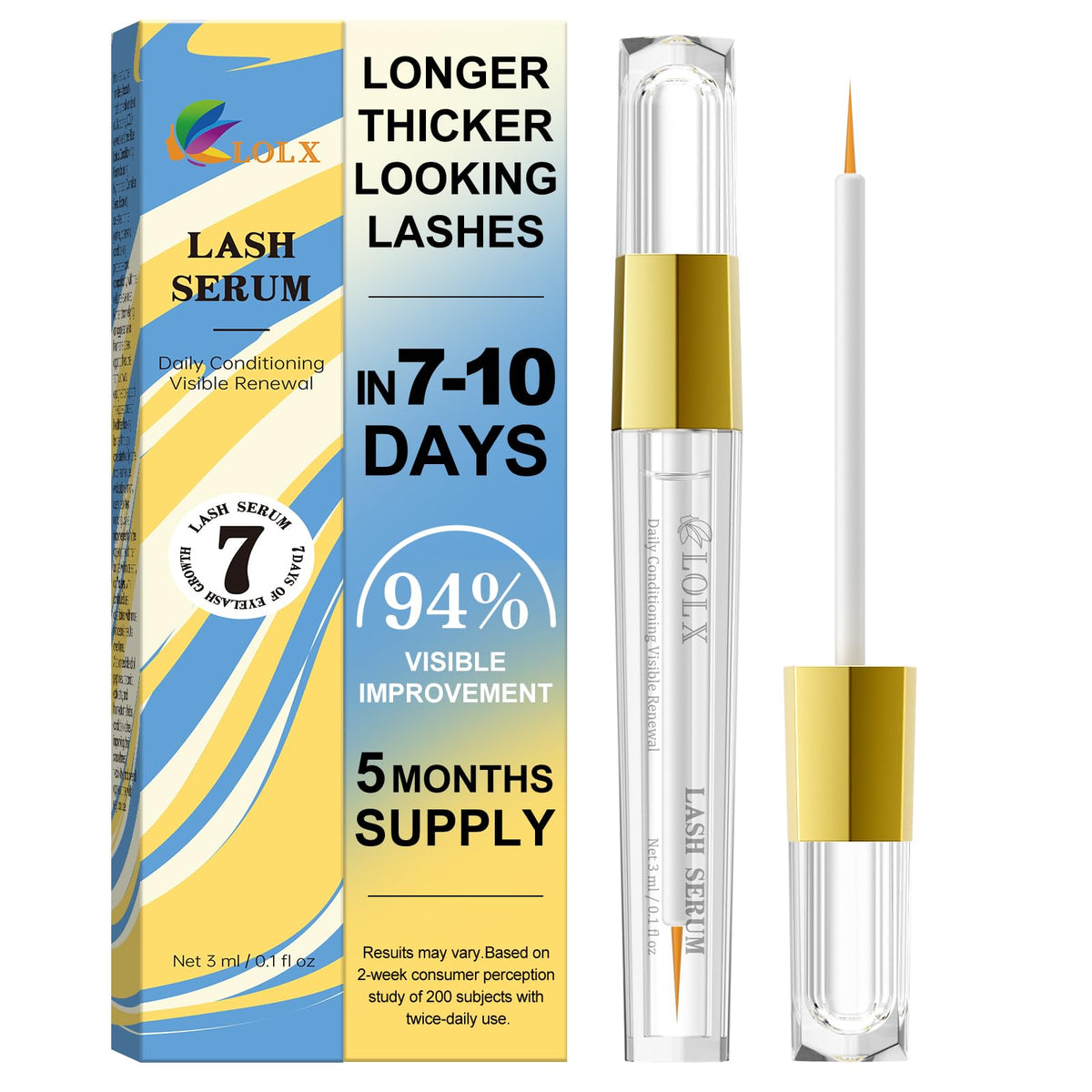 LOLX lash serum bottle closeup shows gentle conditioning formula.