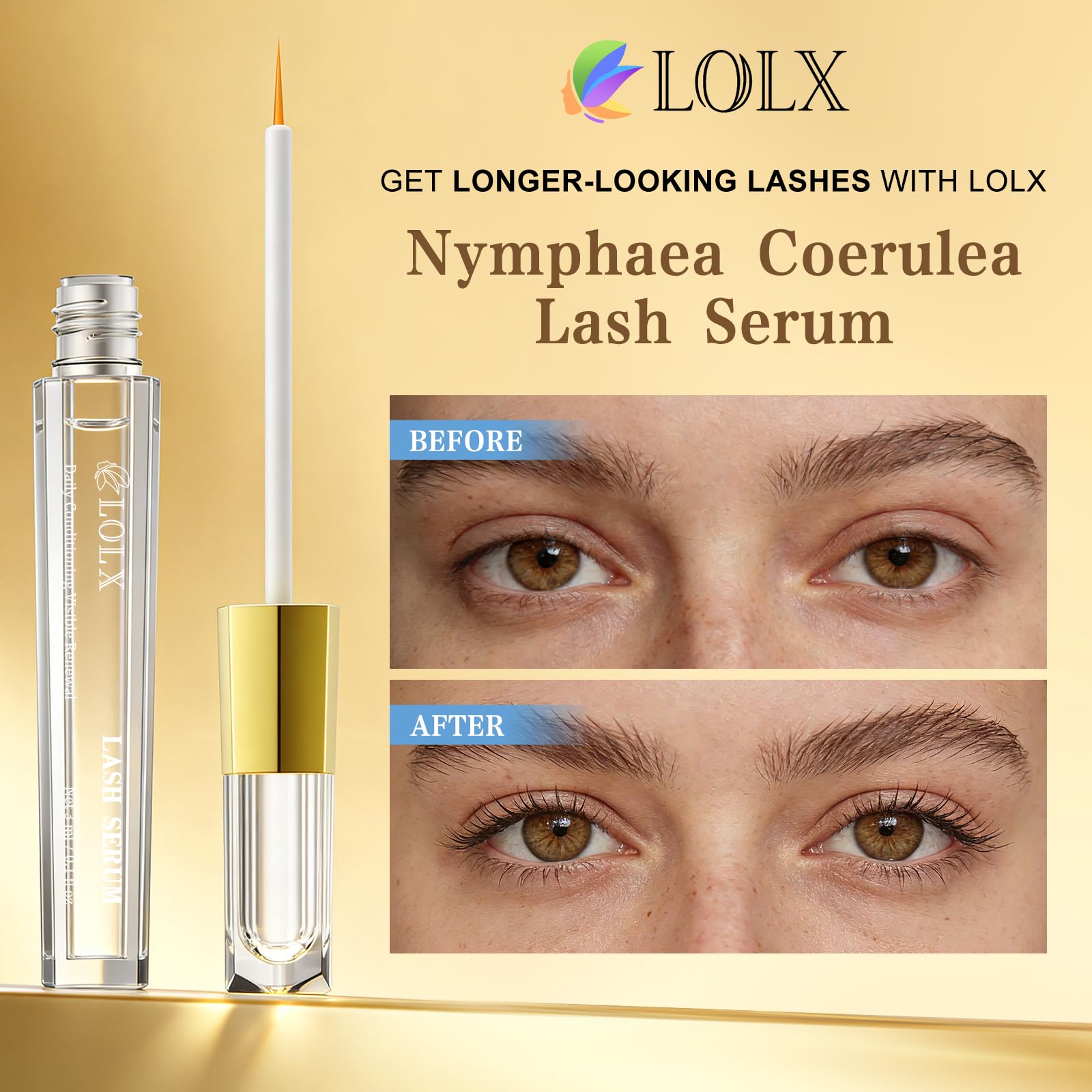 LOLX lash serum wand applying precisely for targeted growth support.