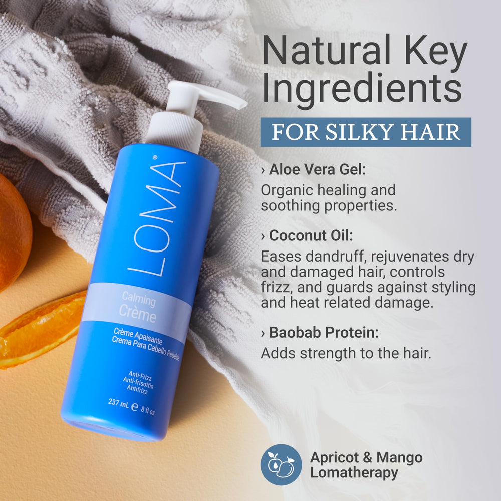 LOMA Crema Calmante, desenredado suave en cabello húmedo sin peso.