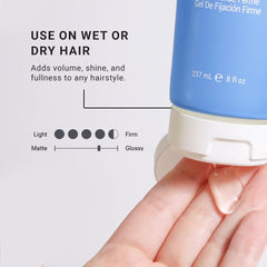 Loma Gel Fijación Firme, enfoque de peinado para cabello húmedo o seco.