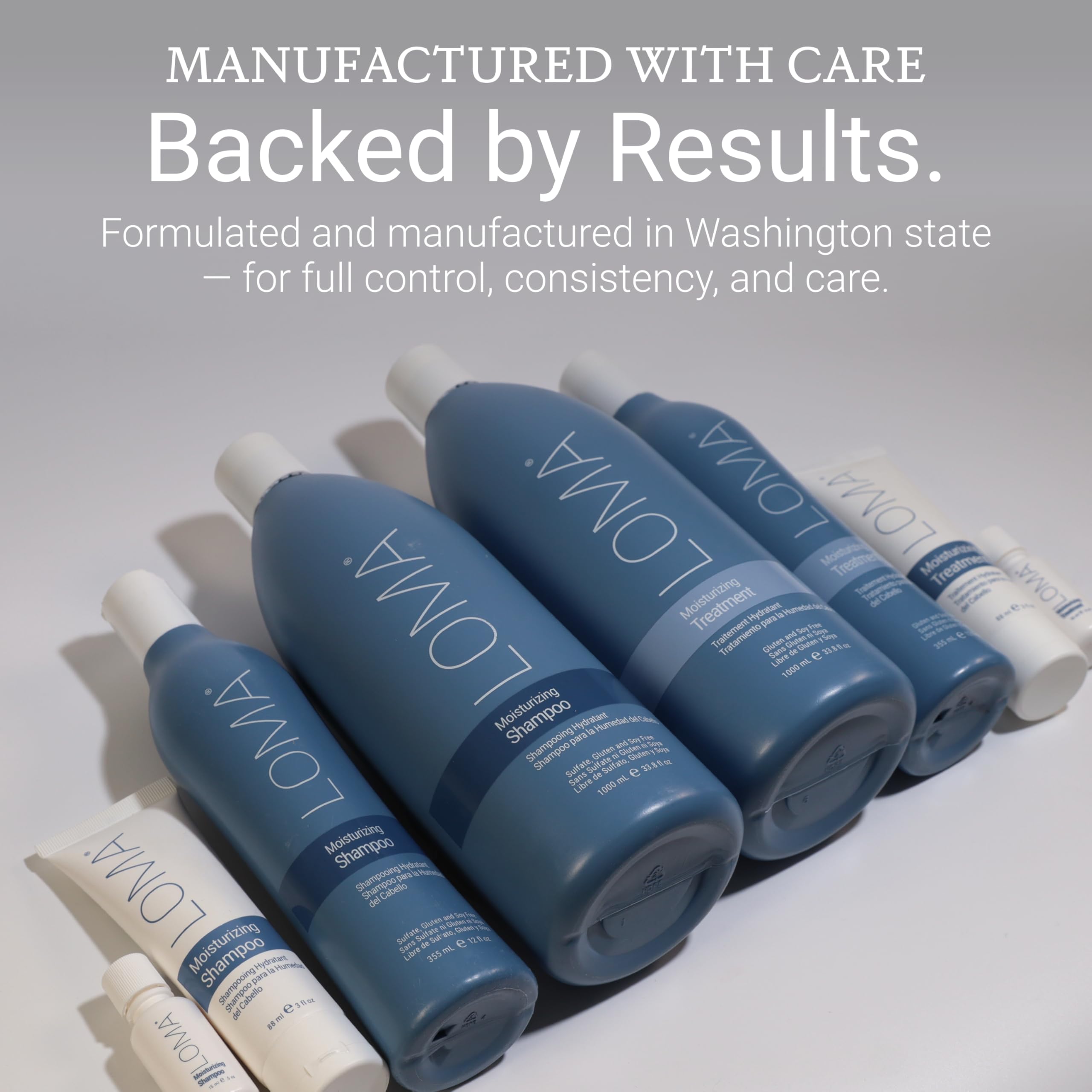 LOMA bottle in a minimal bathroom setting suggests daily hair care.