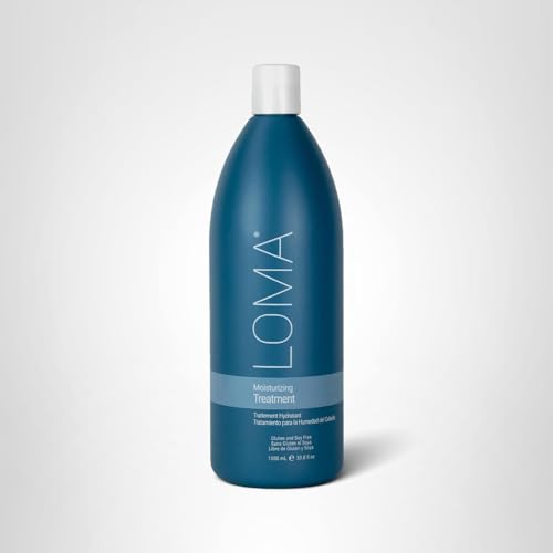 Loma Moisturizing Treatment bottle applying to hair for nourished, shiny results.