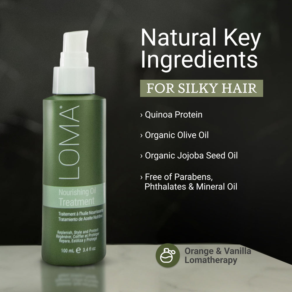 Loma Nourishing Oil Treatment applied to damp hair for added shine