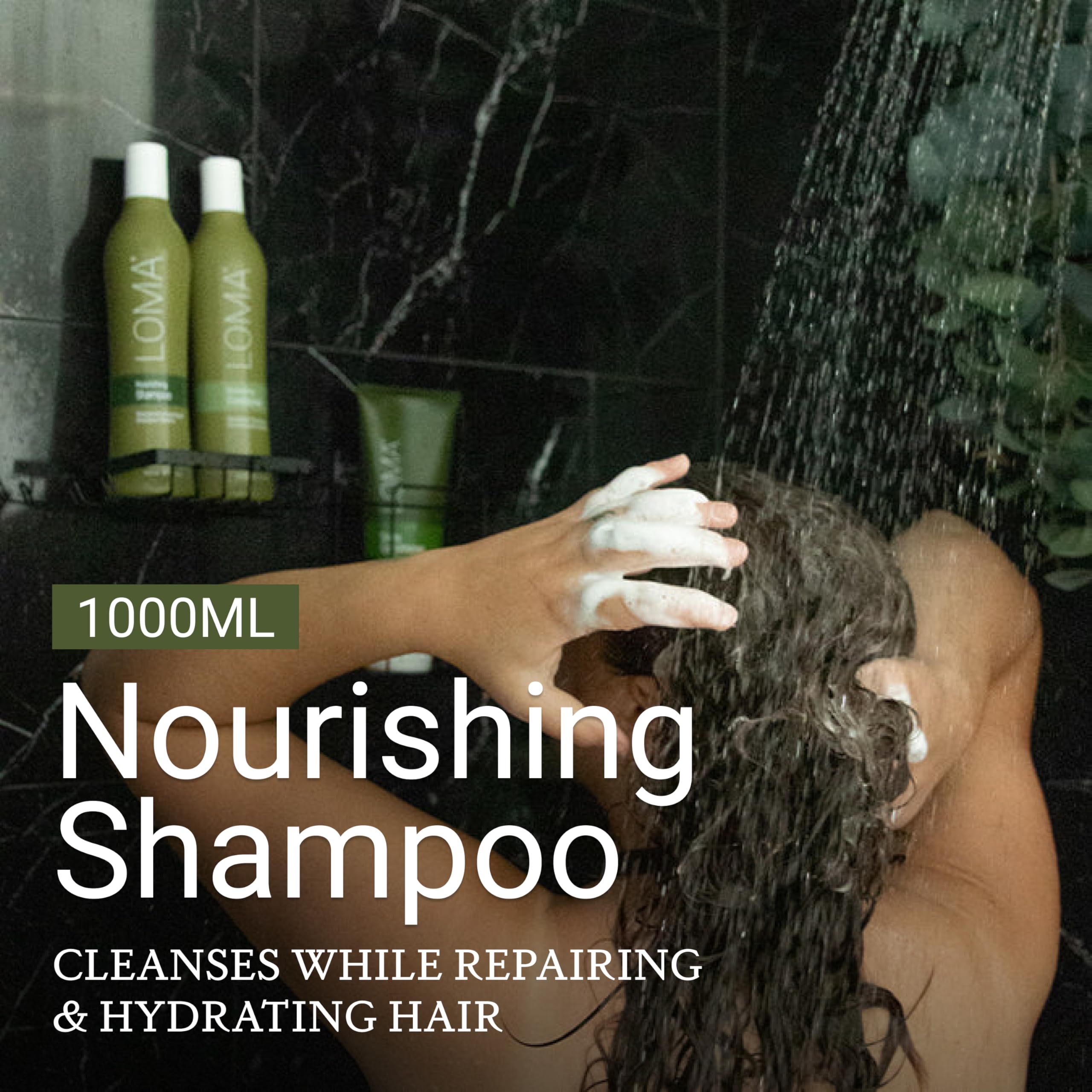 LOMA Nourishing Shampoo bottle with pump demonstrates luxurious lather and easy dispensing.