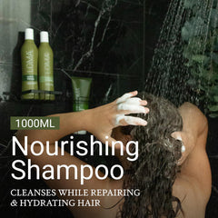 LOMA Nourishing Shampoo bottle with pump demonstrates luxurious lather and easy dispensing.
