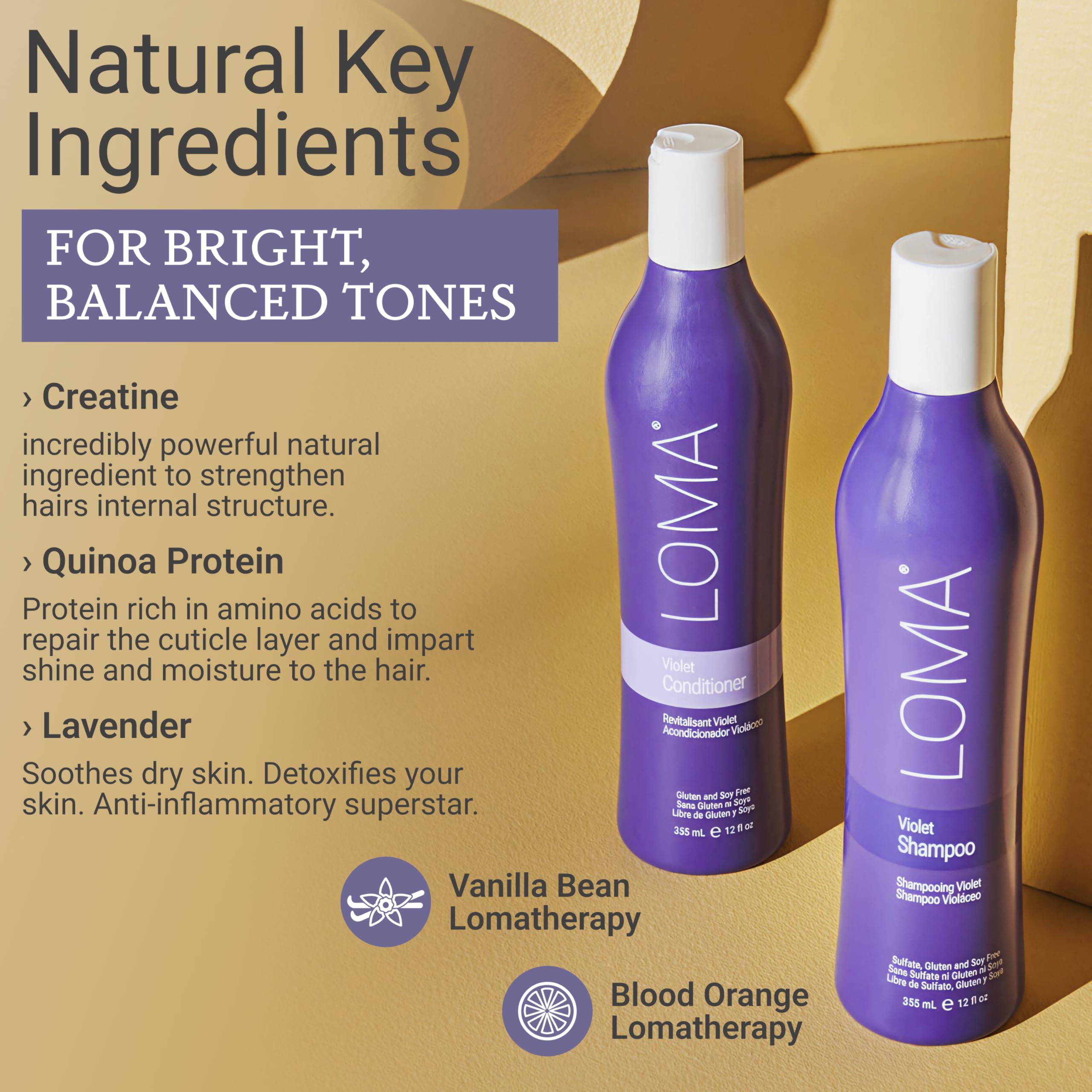 Loma Violet Conditioner bottle highlights nourishing formula for smooth, neutralized brass.