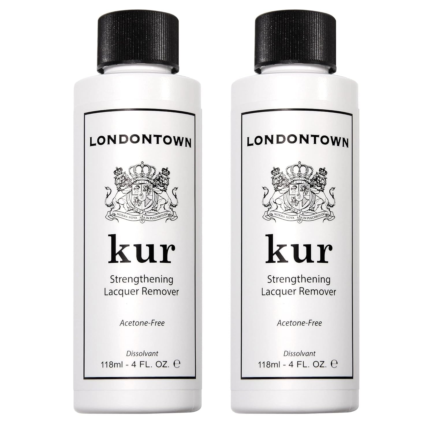 LONDONTOWN acetone-free remover bottle front, gentle polish removal without drying nails.