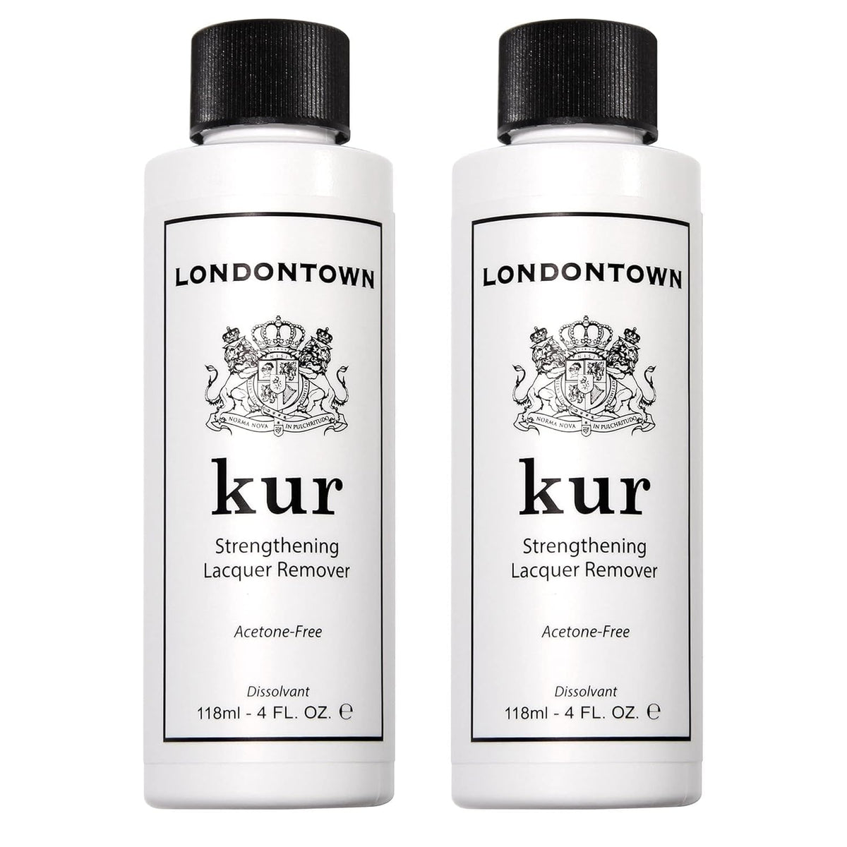 LONDONTOWN acetone-free remover bottle front, gentle polish removal without drying nails.