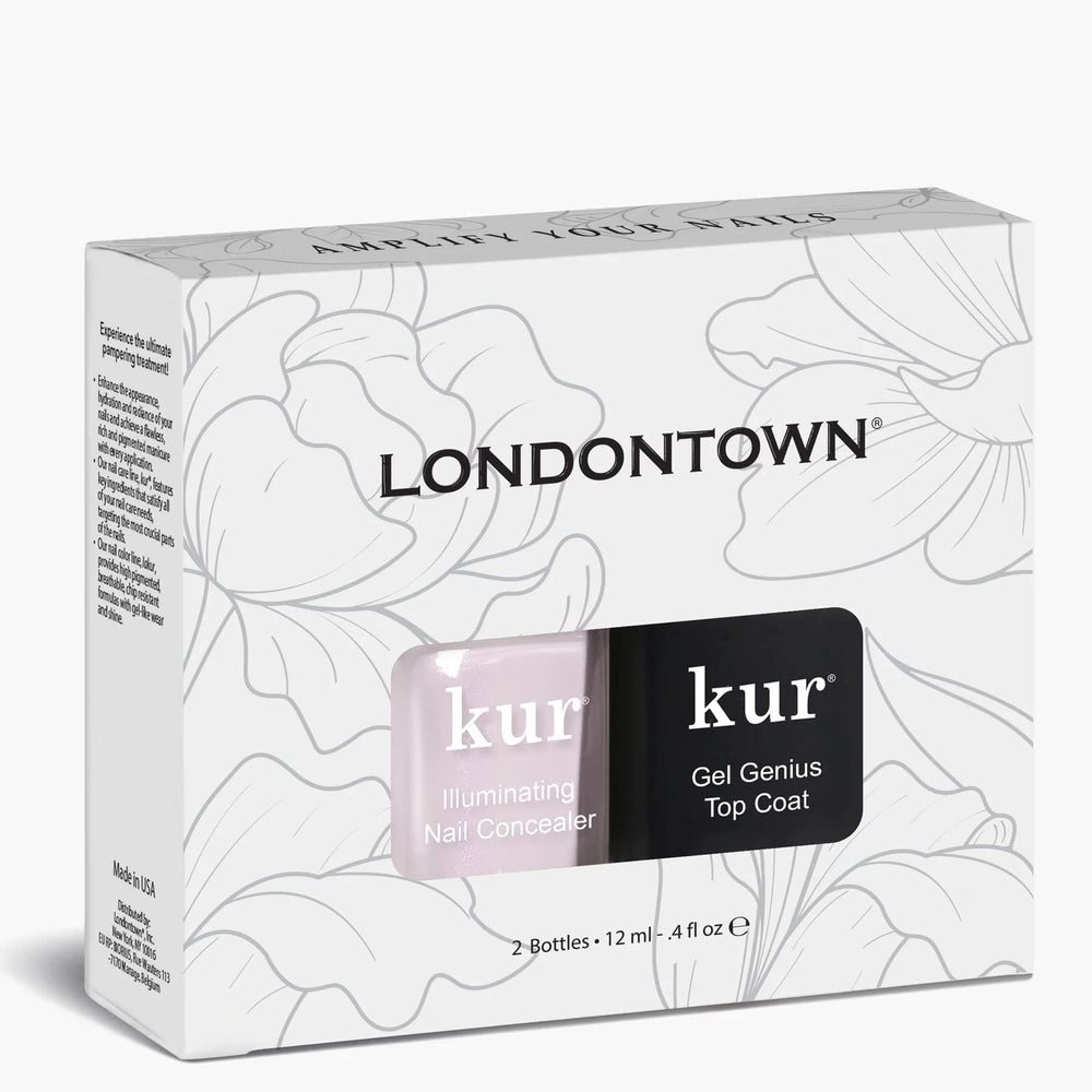 LONDONTOWN kur two piece set displayed on a vanity for quick touch ups.
