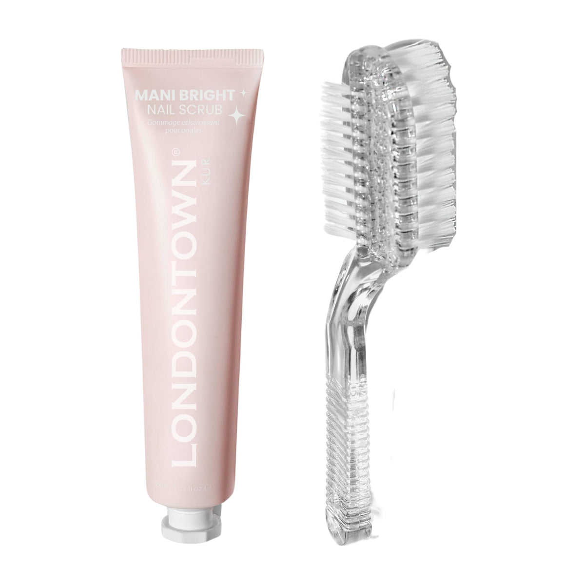 LONDONTOWN Mani Bright Nail Scrub bottle close-up for brighter nails.