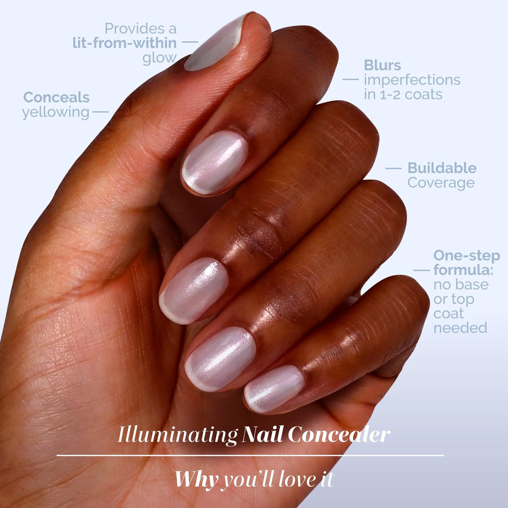 LONDONTOWN Quartz Illuminating Nail Concealer swatch demonstrates sheer, buildable coverage.