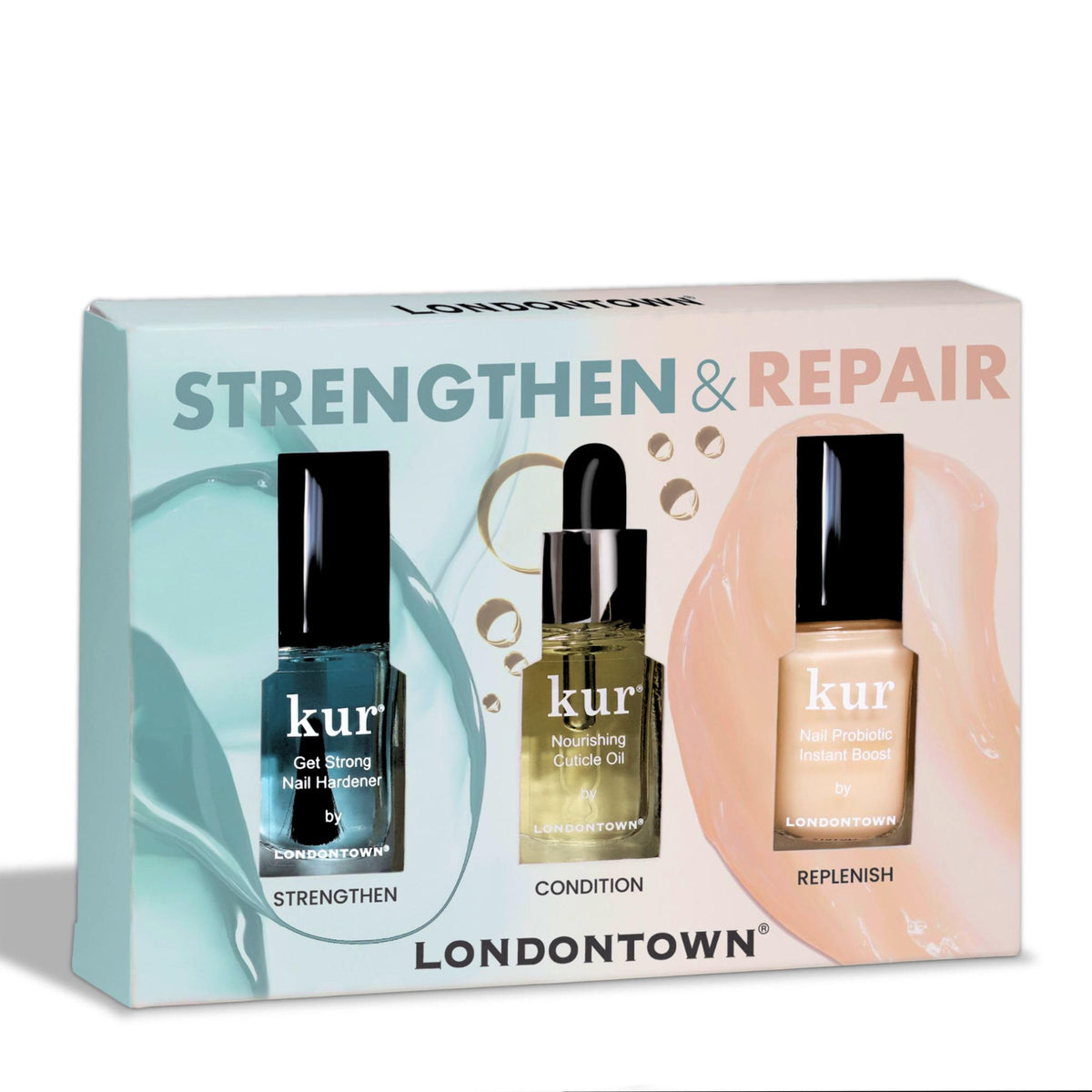 LONDONTOWN Strengthen bottle pour showing nail hardener in use to support durability