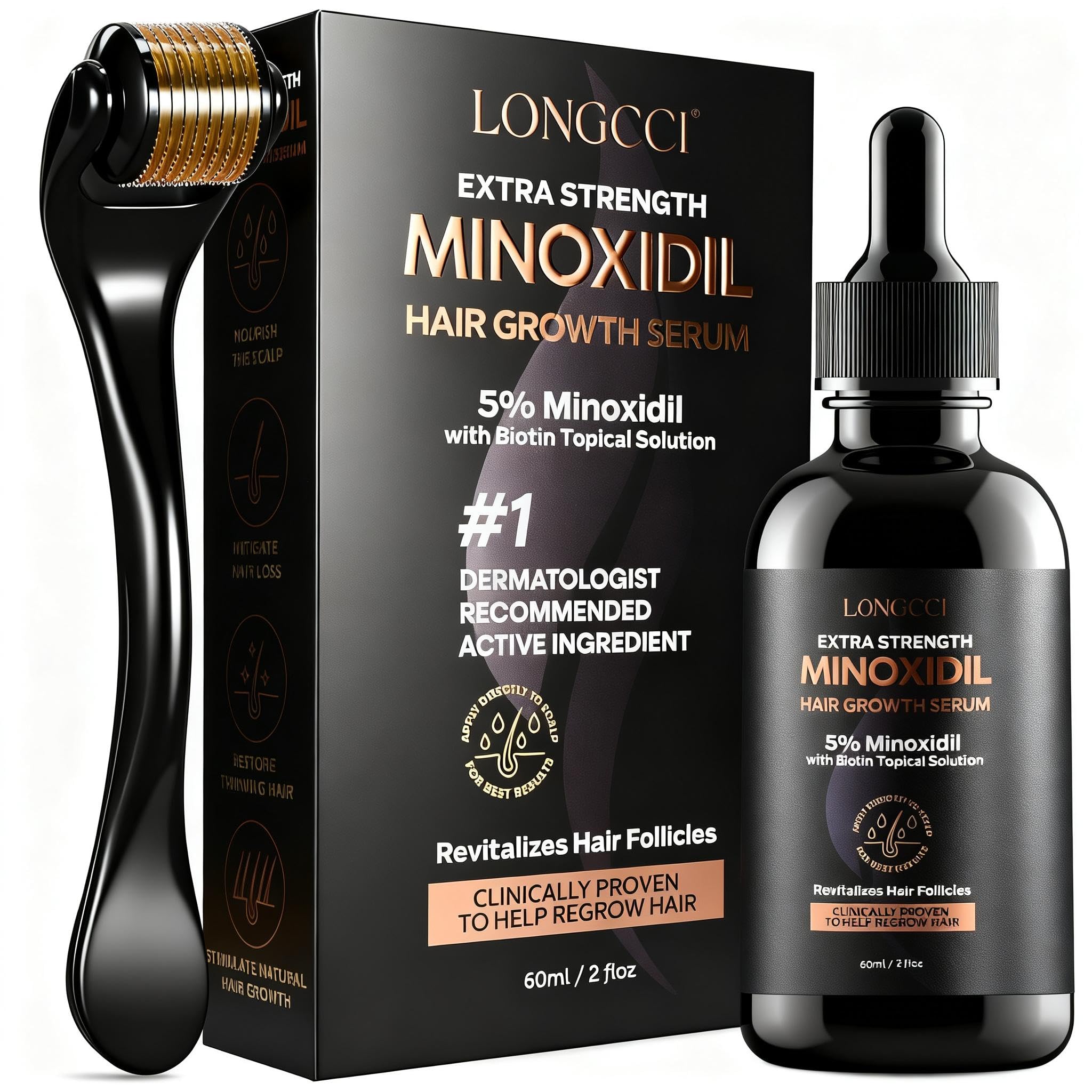 This LONGCCI minoxidil bottle with a 5% formula supports women's hair growth.