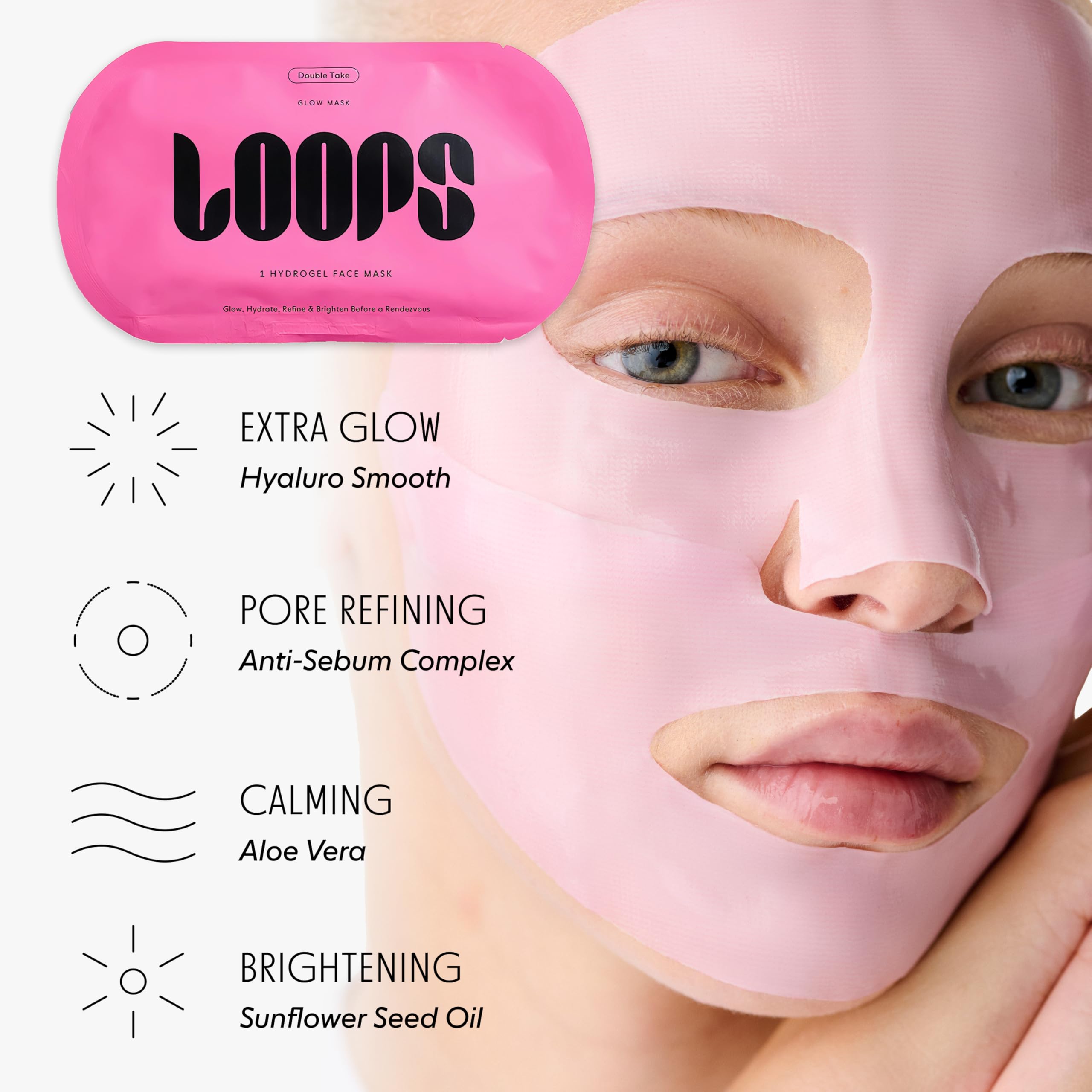 LOOPS Double Take soothing mask application for calm, refreshed complexion.