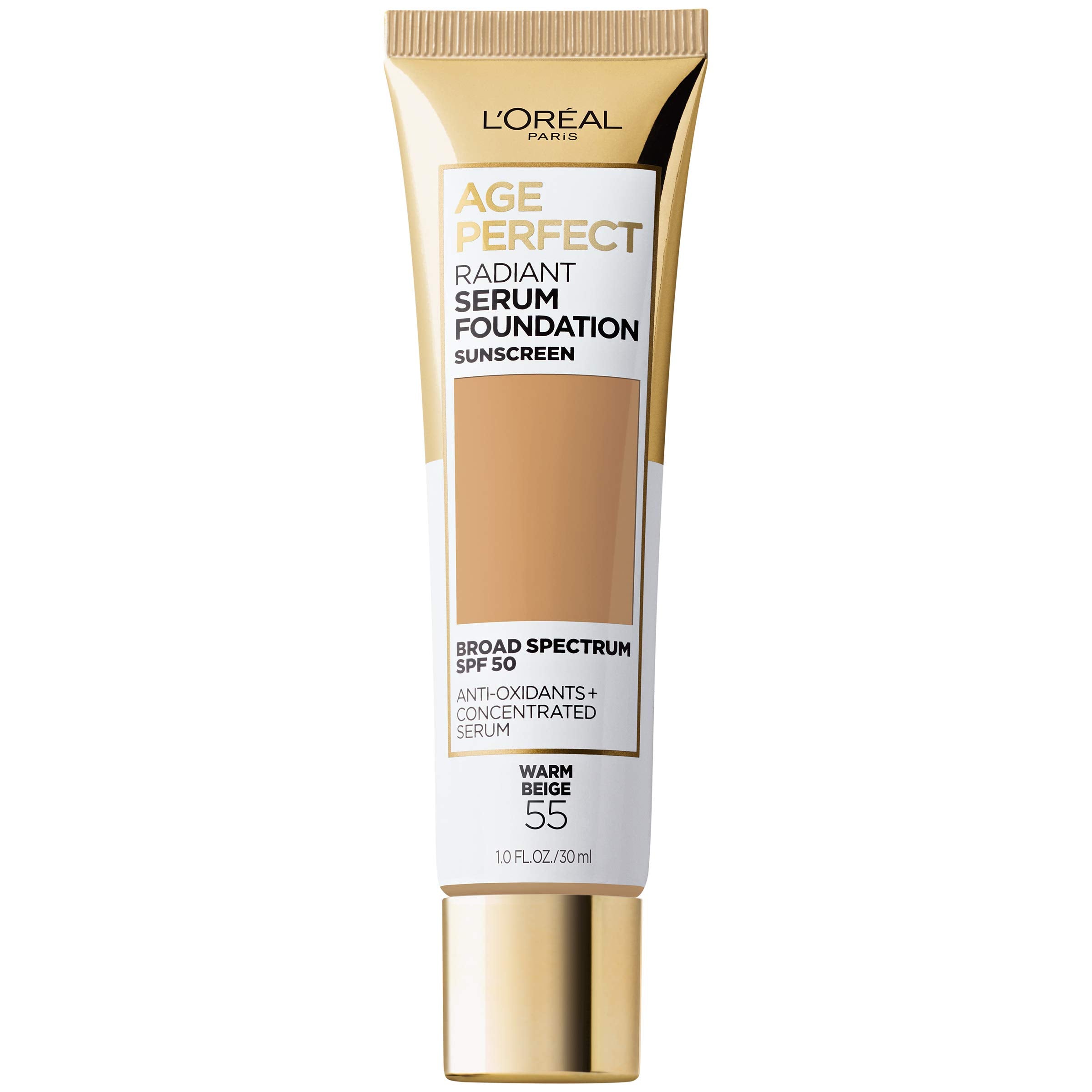 L'Oréal Paris Age Perfect Foundation SPF50, bote beige cálido, cobertura ligera y natural.