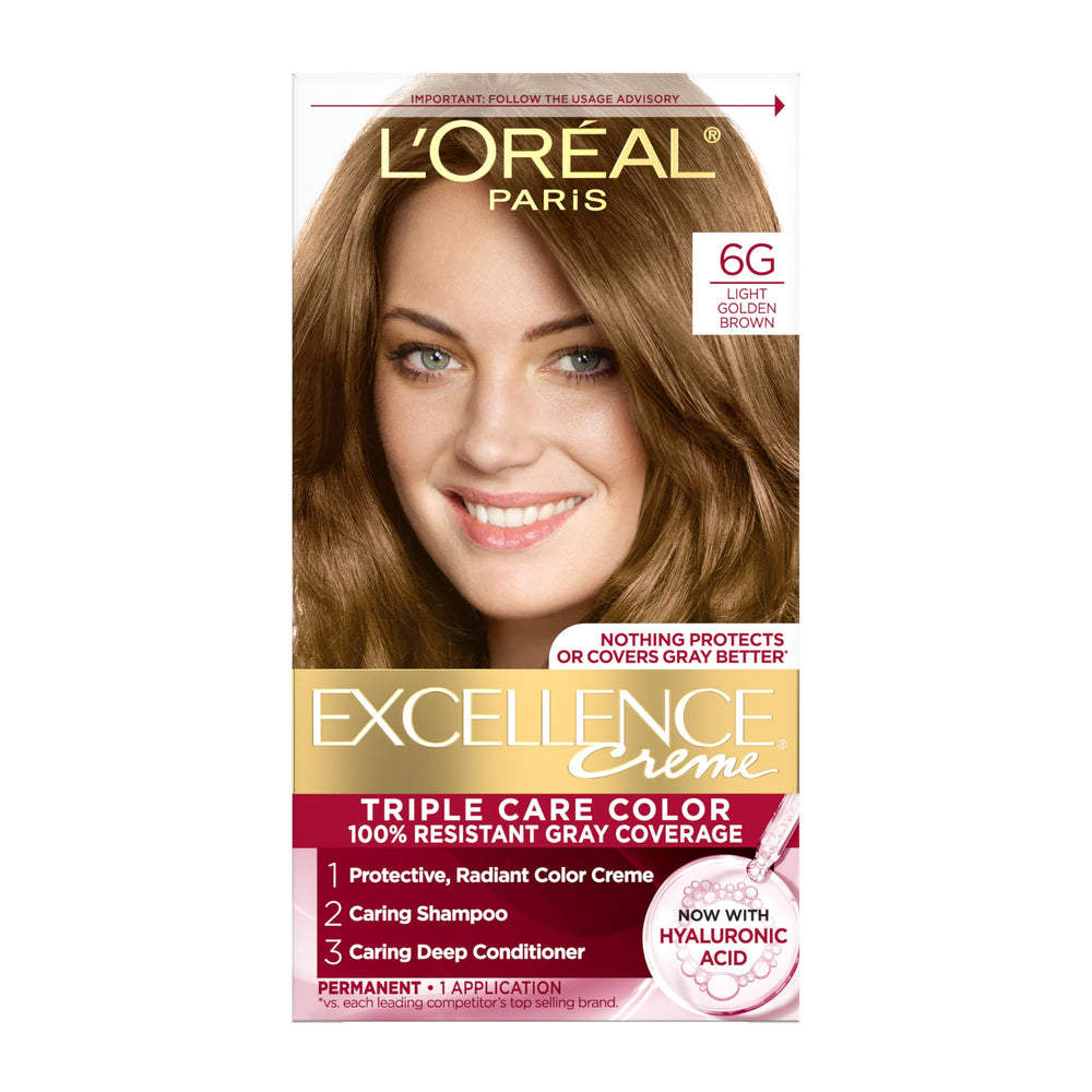 L'Oreal Paris Excellence Crème 6G light golden brown box showing rich color and long-lasting finish.