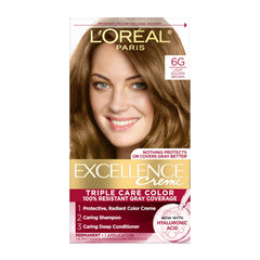 L'Oreal Paris Excellence Crème 6G light golden brown box showing rich color and long-lasting finish.