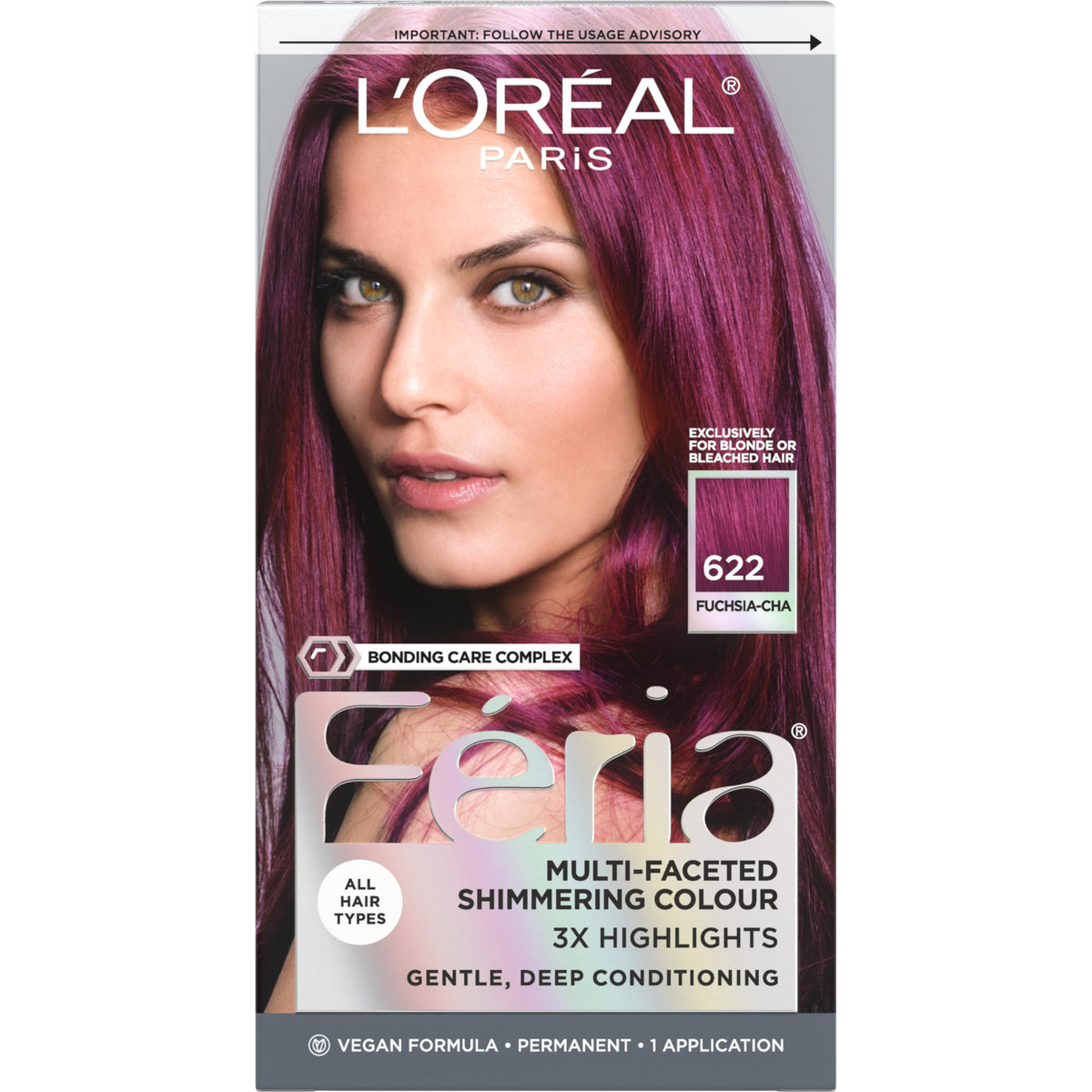 L'Oreal Paris Feria bottle during application reveals vibrant 622 Fuchsia-cha for bold color.