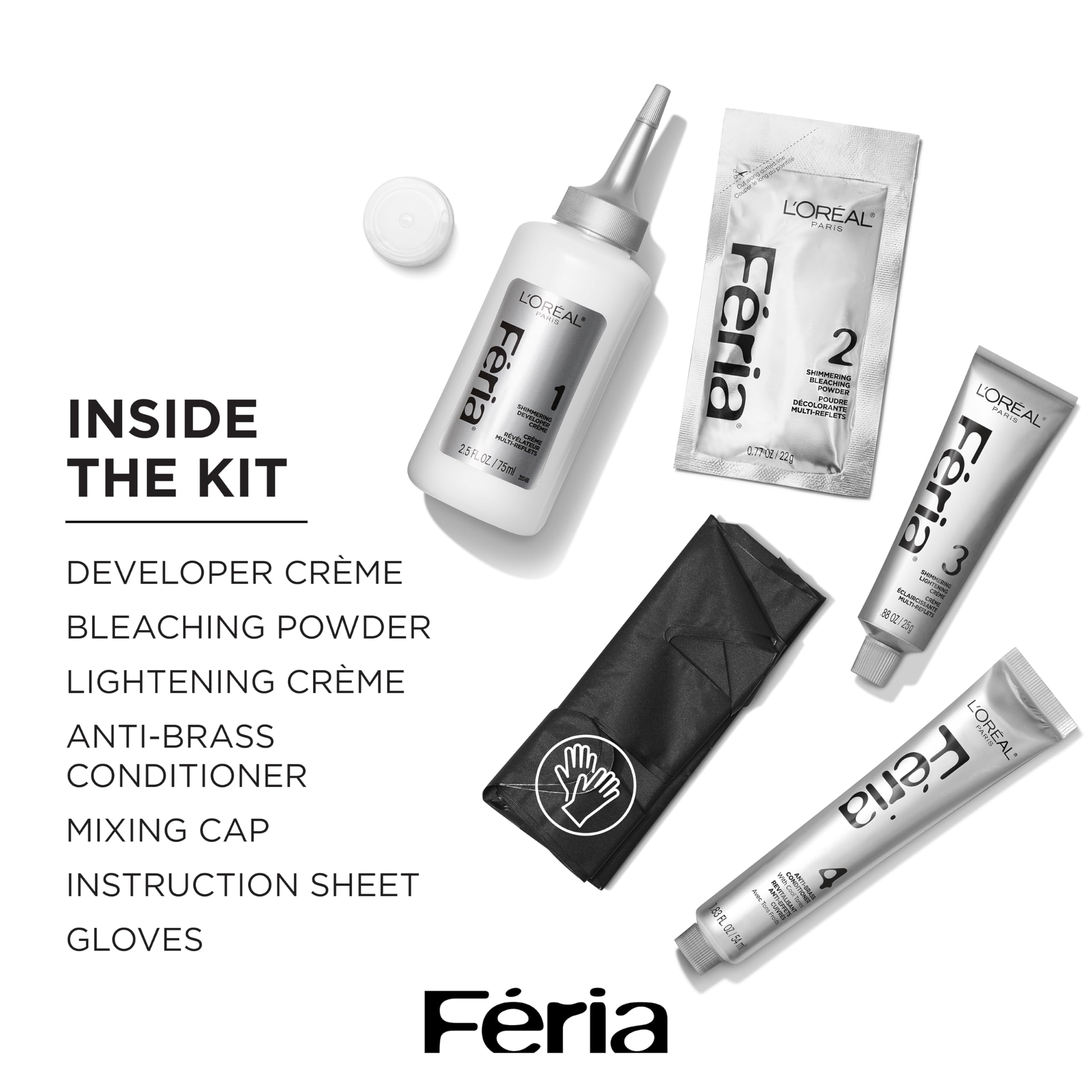 L'Oreal Paris Feria kit components with gloves ready for at-home use.