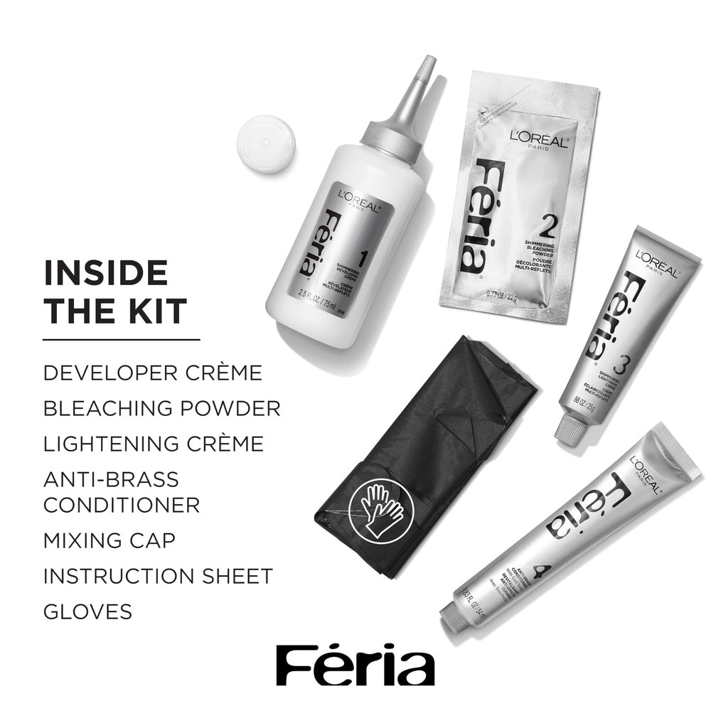 L'Oreal Paris Feria kit components with gloves ready for at-home use.