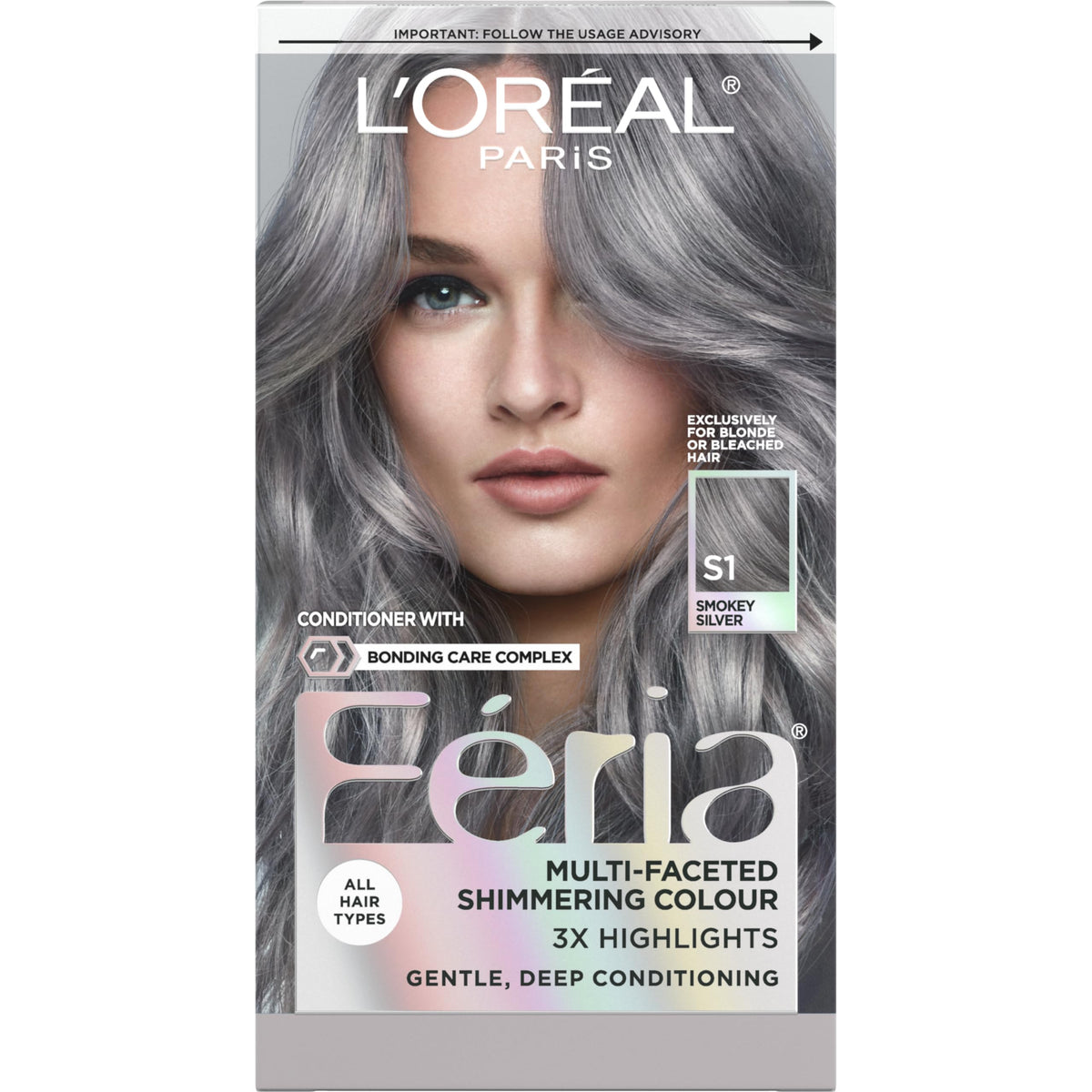 L'Oreal Paris Feria Smokey Silver hair color kit adds multidimensional shimmer for bold at-home color.