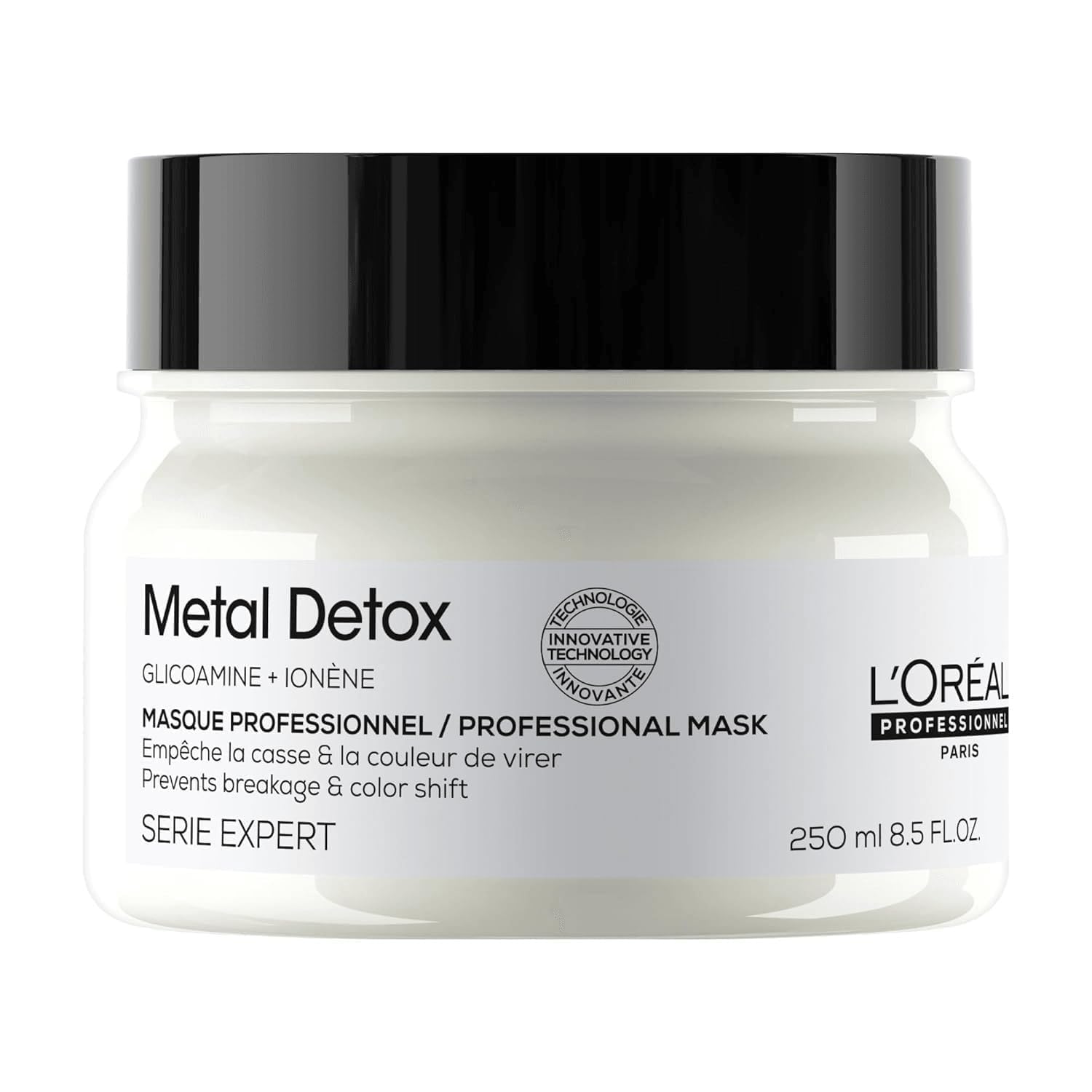 L’Oréal Metal Detox mask bottle front, protecting color and delivering nourishment.