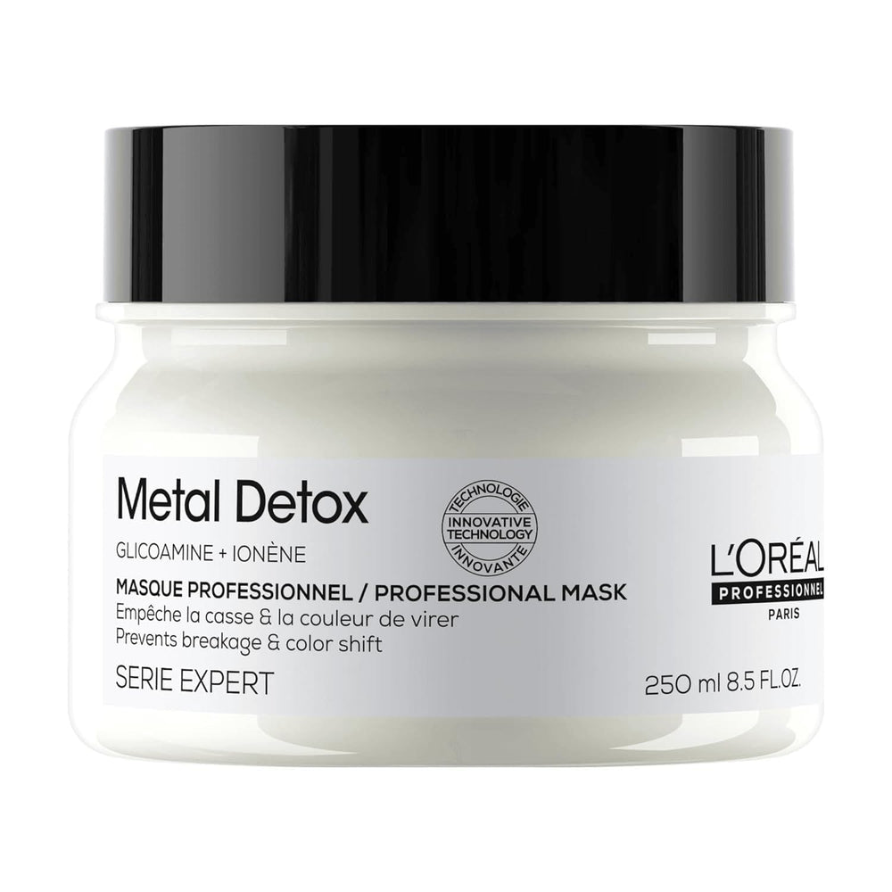 L’Oréal Metal Detox mask bottle front, protecting color and delivering nourishment.