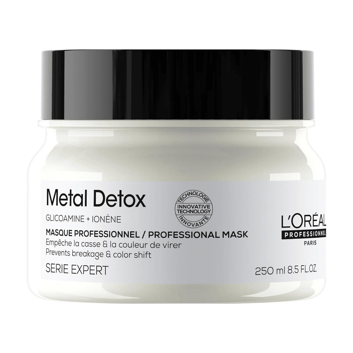 L’Oréal Metal Detox mask bottle front, protecting color and delivering nourishment.