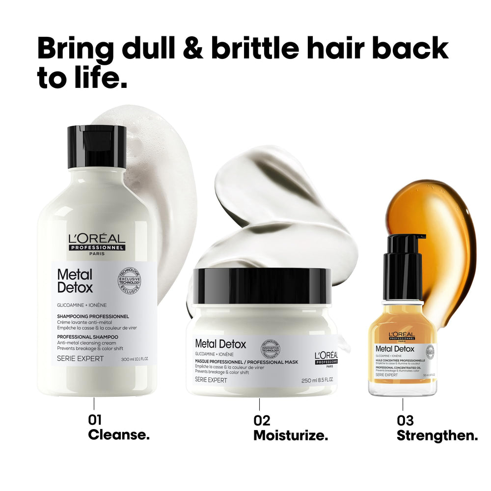 Salon scene with Metal Detox mask, ideal for color-treated, damaged hair.