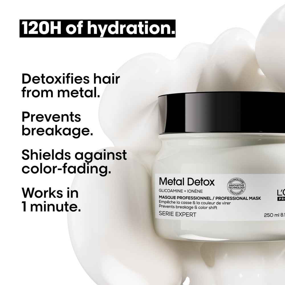Wet hair with Metal Detox mask in bathroom, routine for color protection.