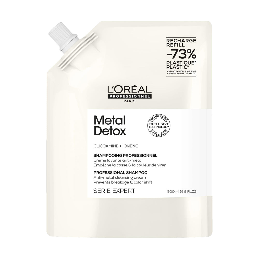 L’Oréal Professionnel Paris Metal Detox Shampoo bottle shows creamy texture and color protection
