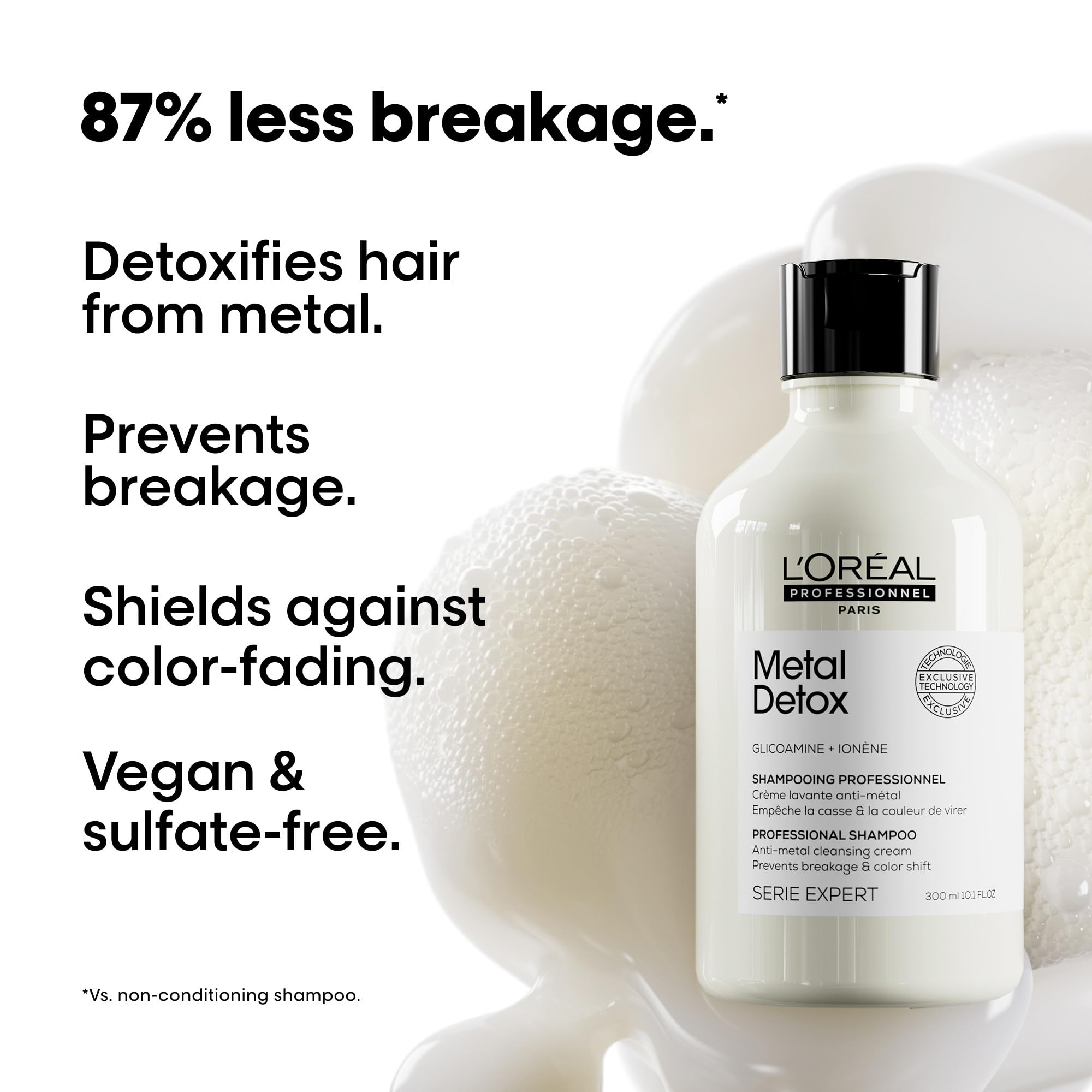 L’Oréal Professionnel Paris Metal Detox Shampoo on damaged hair reduces breakage and supports color retention
