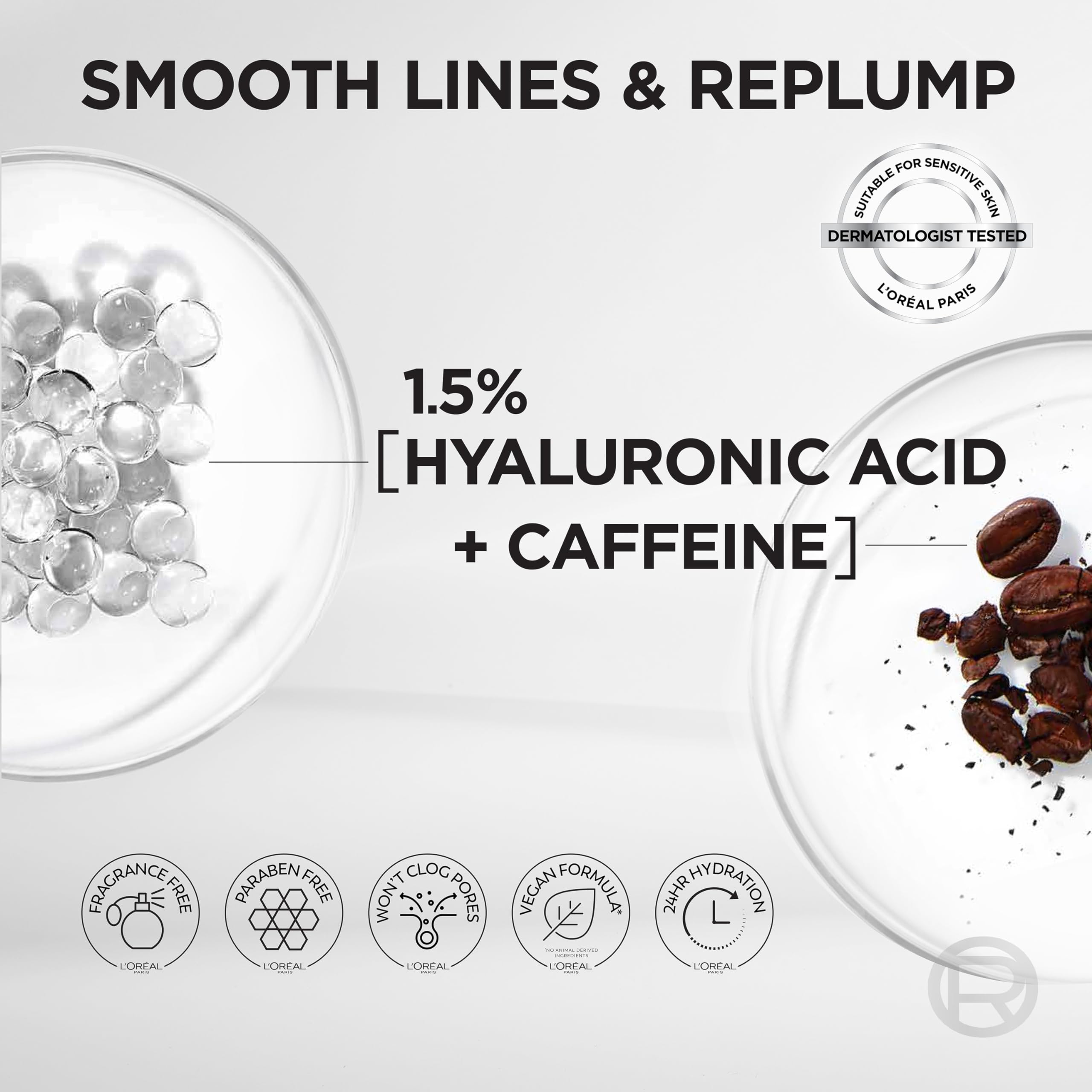 L'Oreal Paris Acido hialuronico y cafeina para hidratación diaria.
