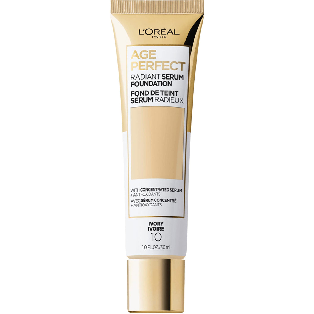 L'Oréal Paris Age Perfect Base Serum Radiante SPF 50 marfil, acabado natural para piel madura.