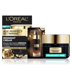 L'Oreal Paris Age Perfect Midnight Cream jar close-up, fragrance-free anti-aging moisturizer for firming