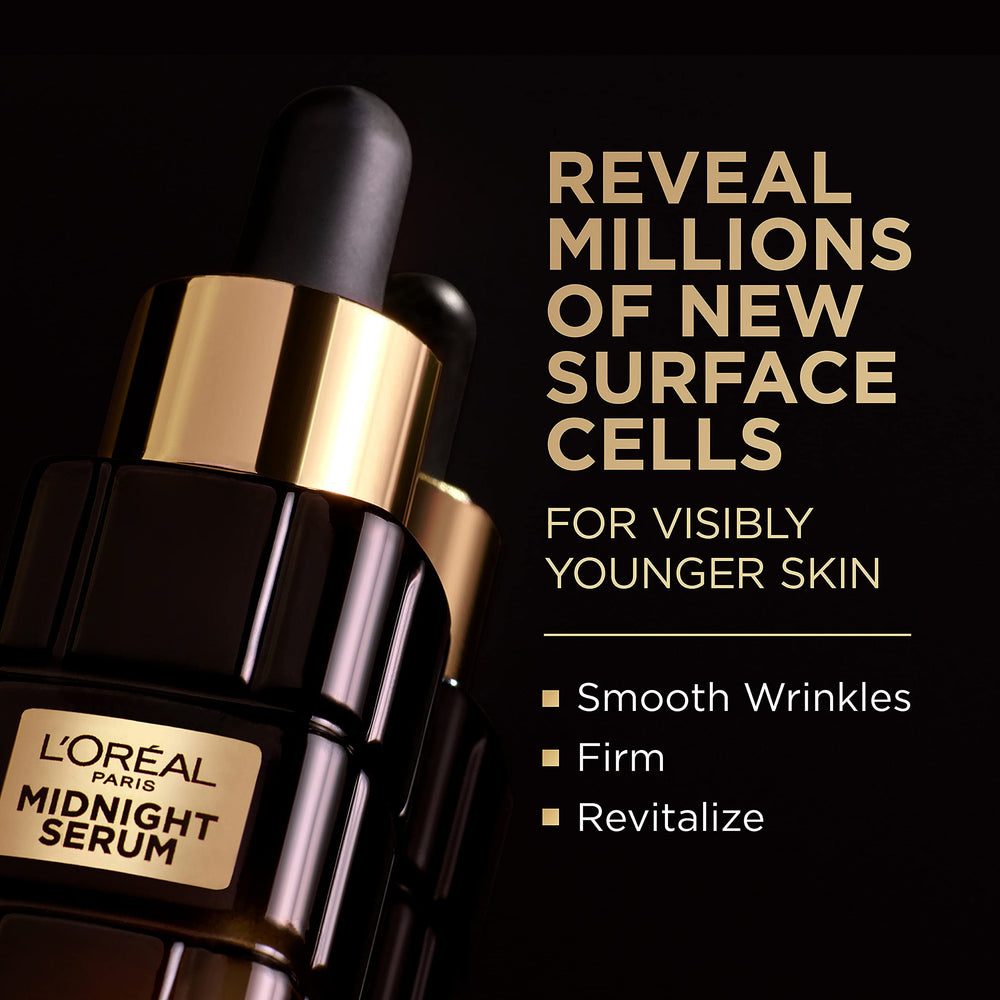 L'Oreal Paris Age Perfect Midnight Serum application scene for smoother, brighter skin.