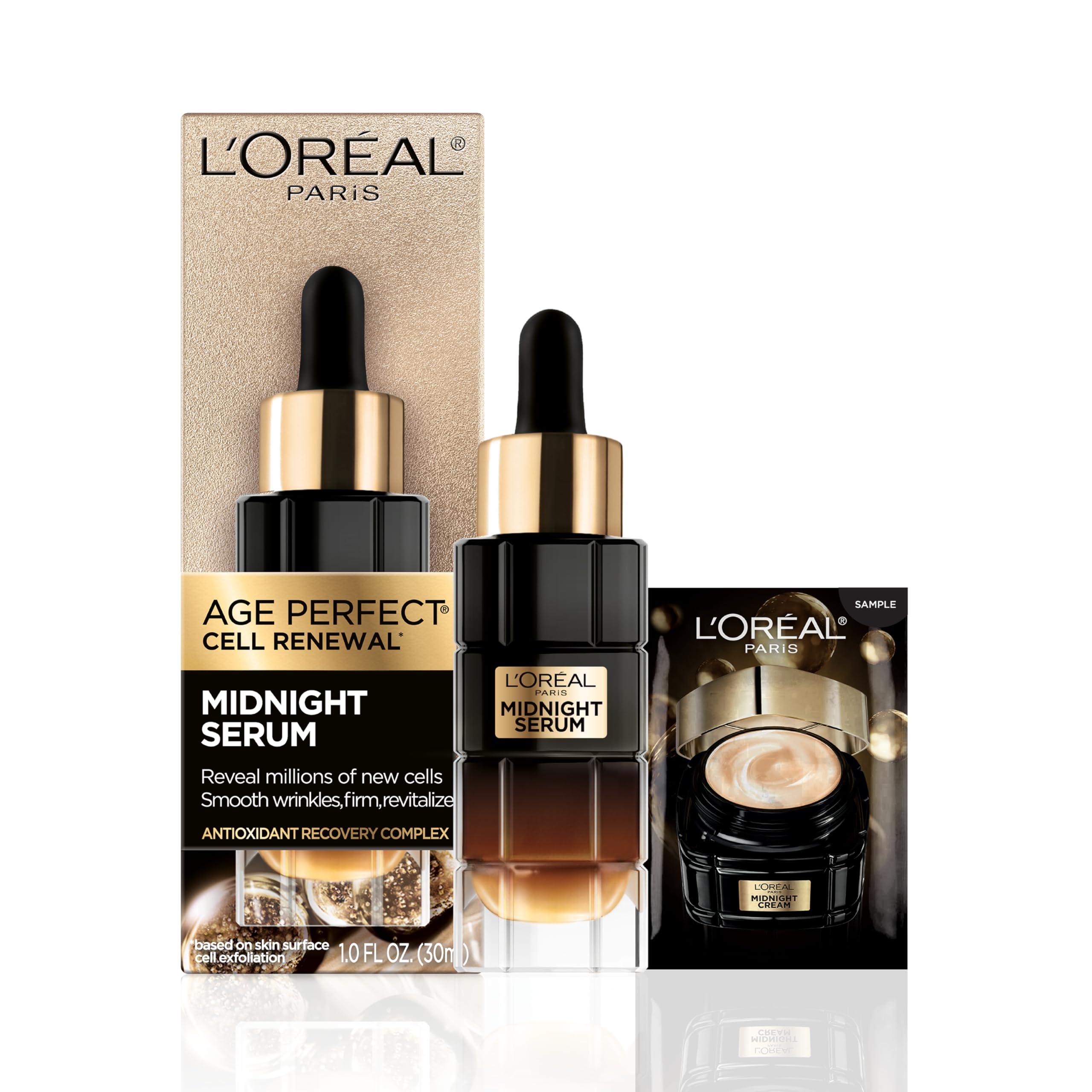 L'Oreal Paris Age Perfect Midnight Serum bottle with luxe glass finish for overnight renewal.