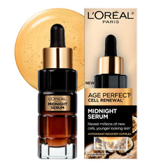 L'Oreal Paris Age Perfect Midnight Serum bottle with overnight hydration and skin resiliency.