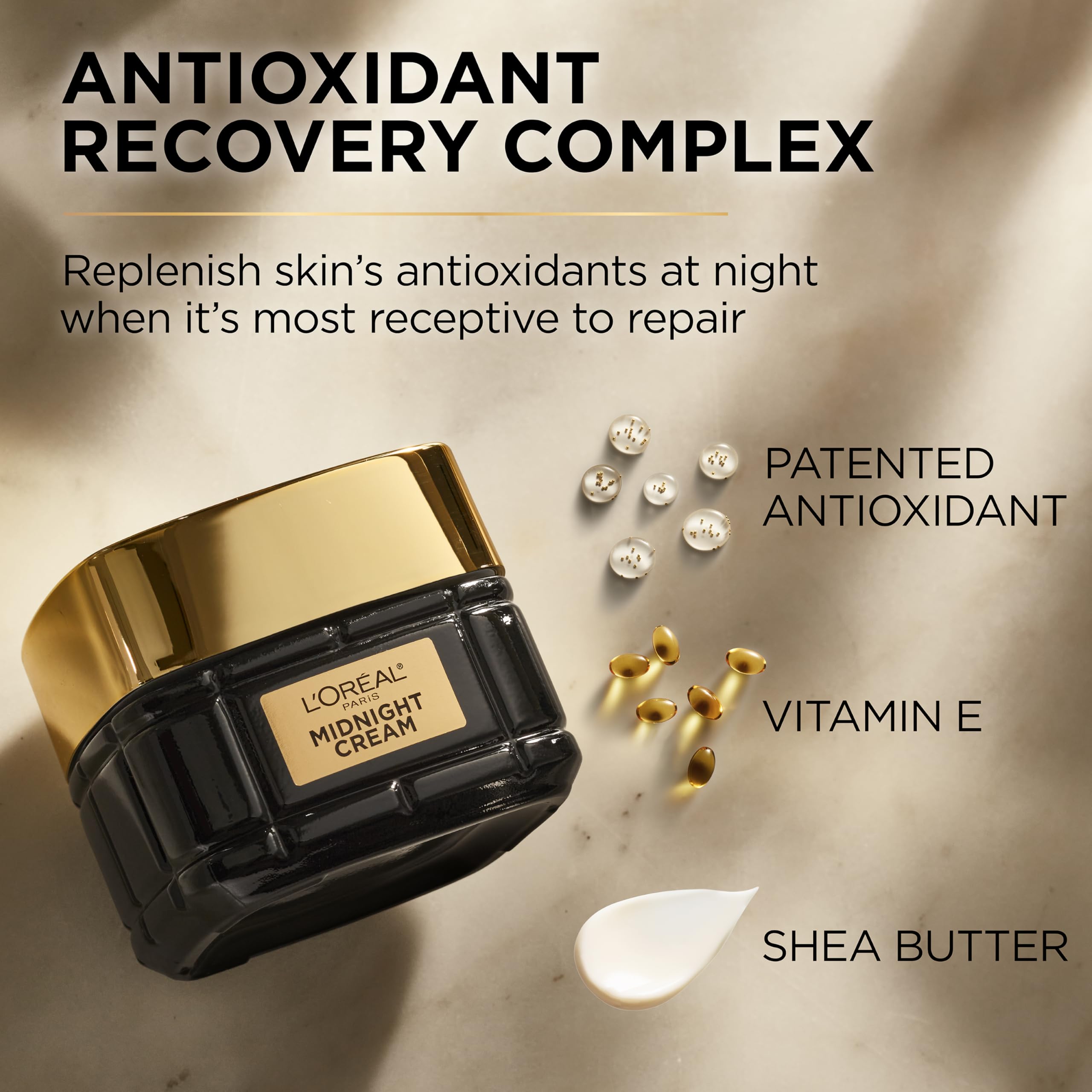 L'Oreal Paris Age Perfect Midnight Serum sample shown alongside product