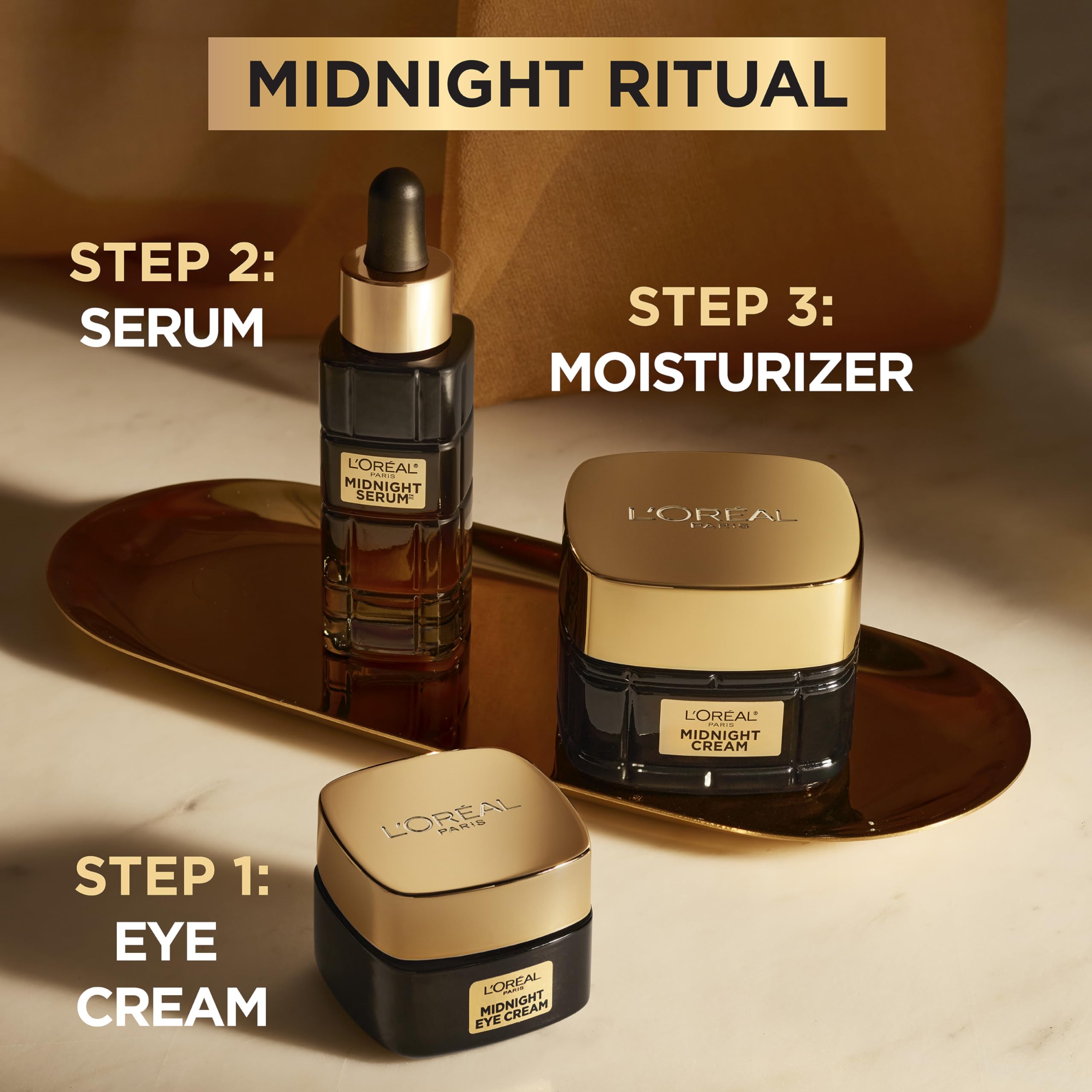 L'Oreal Paris Midnight Eye Cream shown with night routine setup for care