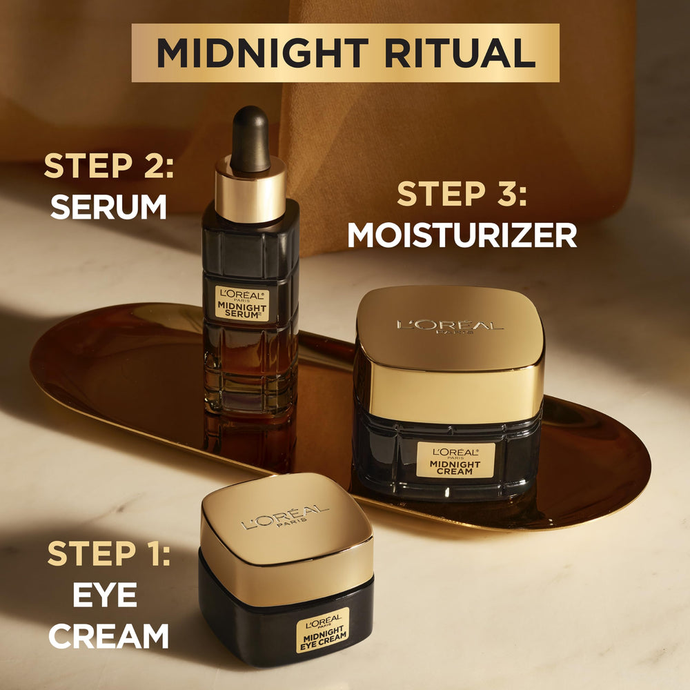 L'Oreal Paris Midnight Eye Cream shown with night routine setup for care