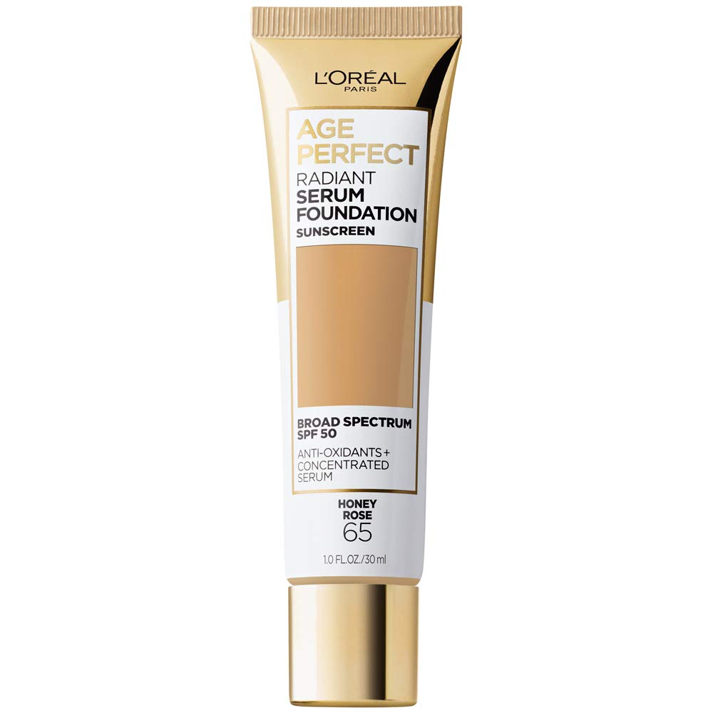 L'Oréal Paris Age Perfect Radiant Serum Foundation en botella, acabado radiante.