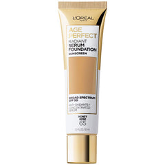 L'Oréal Paris Age Perfect Radiant Serum Foundation en botella, acabado radiante.