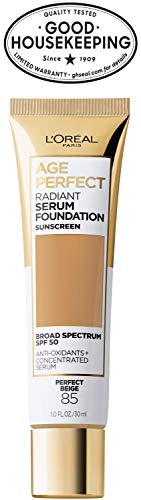 L'Oreal Paris Age Perfect Radiant Serum Foundation SPF 50, aplicación suave para tono uniforme y natural.