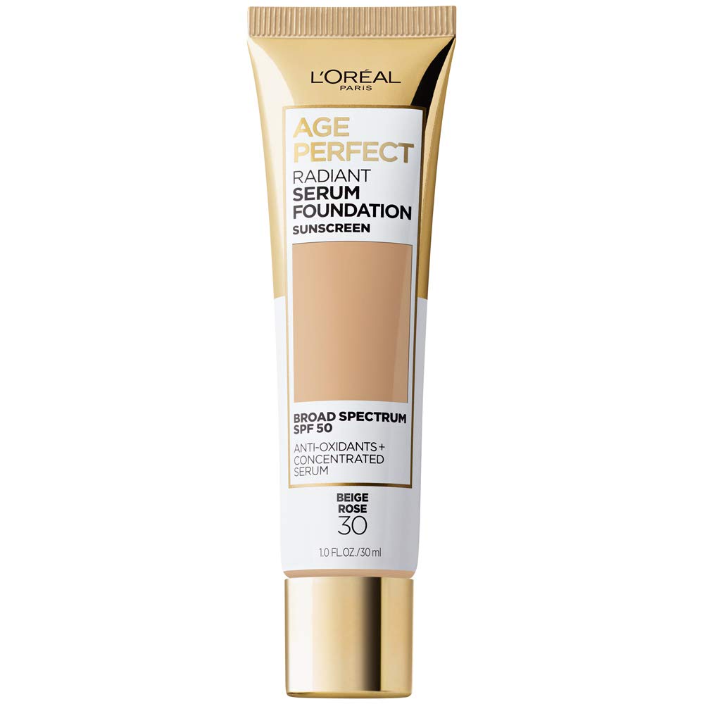 Base Age Perfect Radiant Serum Foundation botella, hidratación duradera para piel madura.