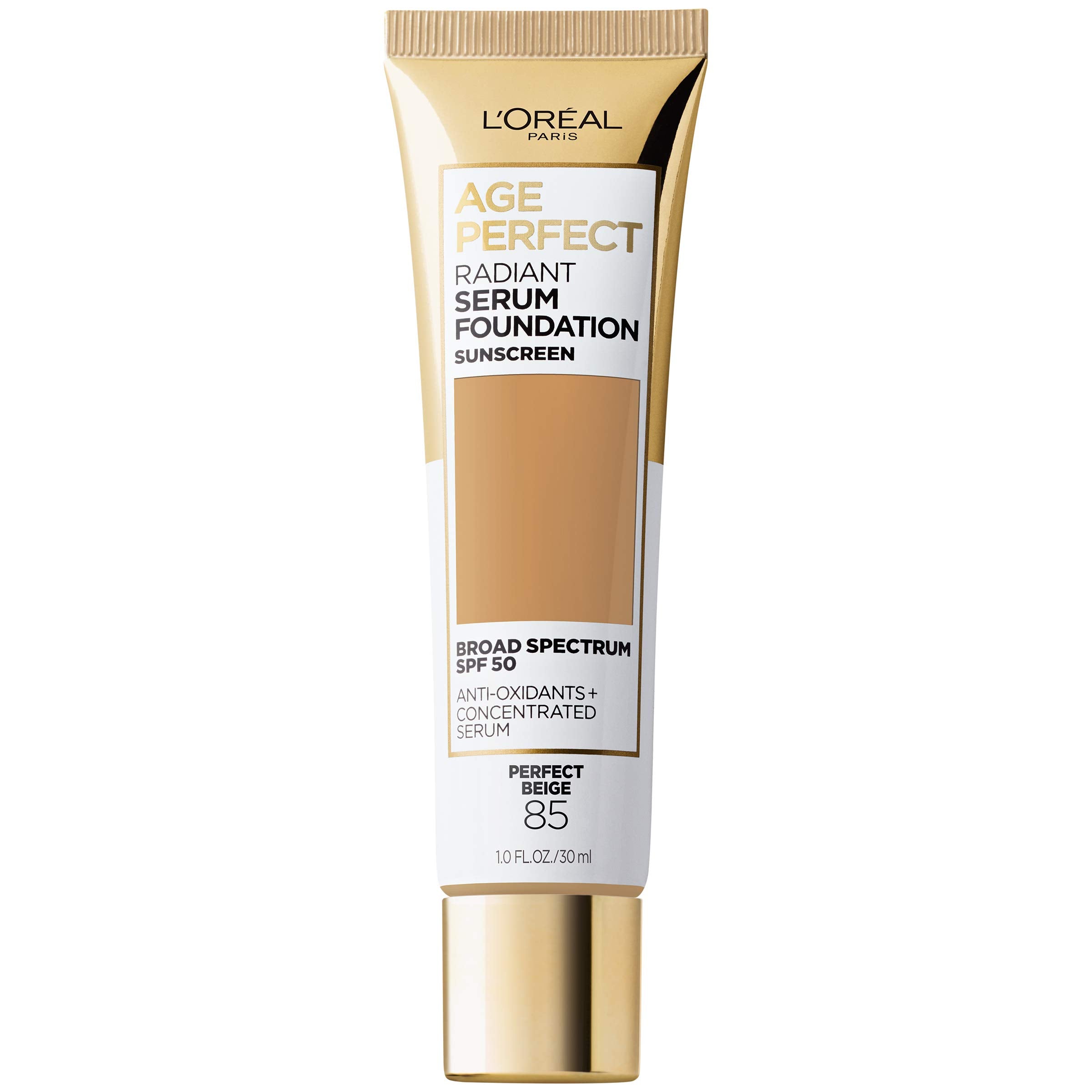 L'Oreal Paris Age Perfect Radiant Serum Foundation SPF 50, empaque elegante para tono Beige Perfecto, piel radiante.