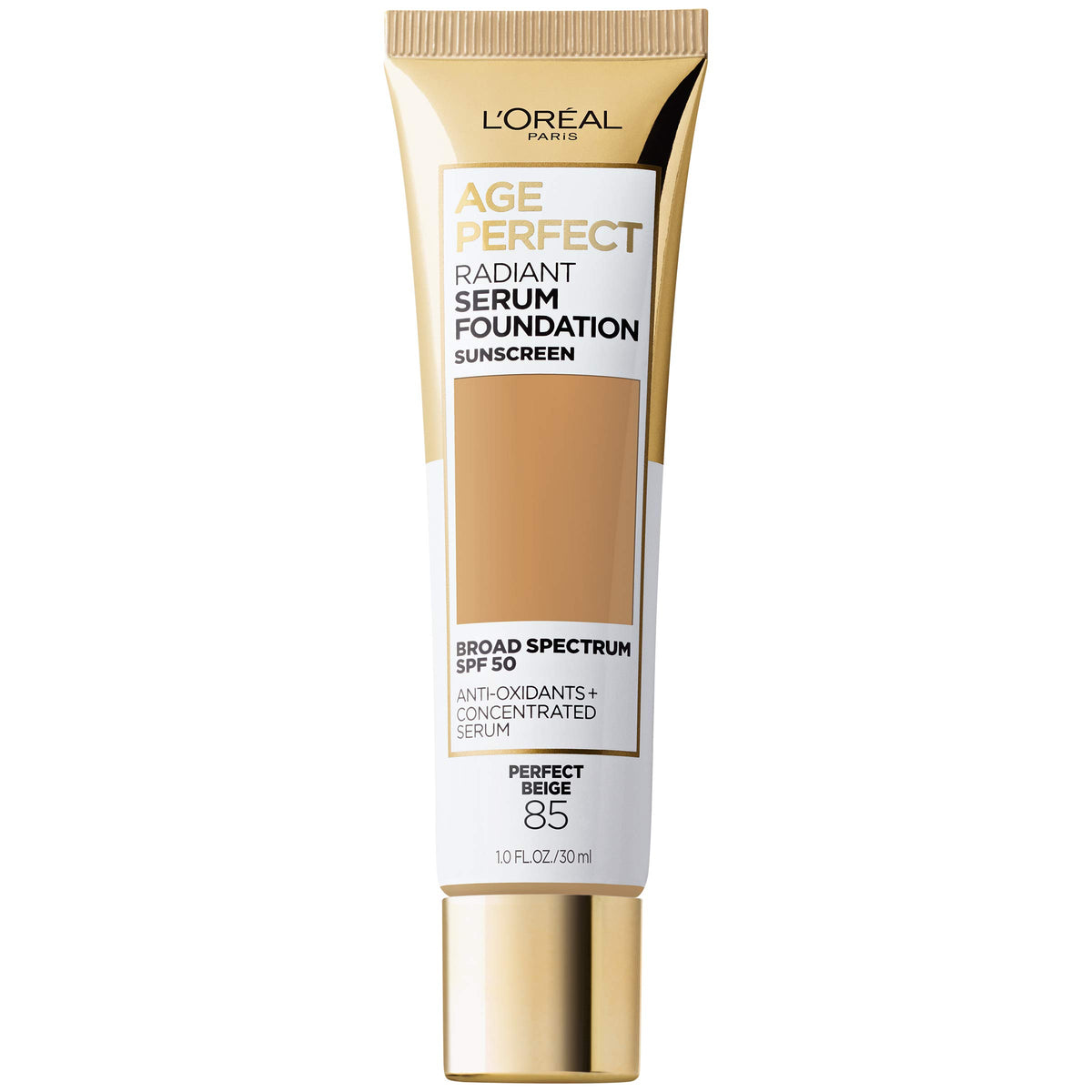 L'Oreal Paris Age Perfect Radiant Serum Foundation SPF 50, empaque elegante para tono Beige Perfecto, piel radiante.