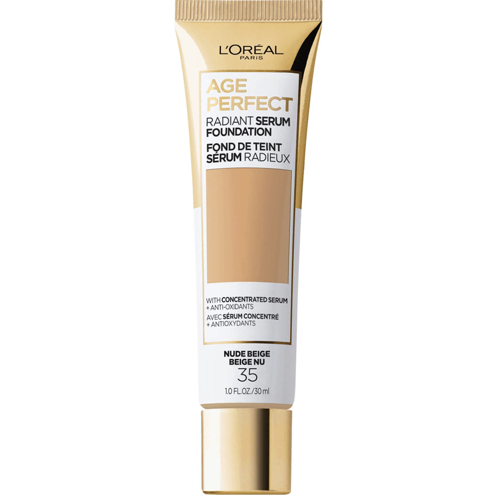 L'Oreal Paris Age Perfect Serum Radiant, enfoque en botella, favorece luminosidad natural.