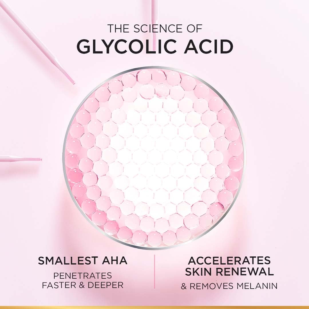 Etiqueta de L’Oréal Paris destaca ácido glicólico para exfoliación suave.